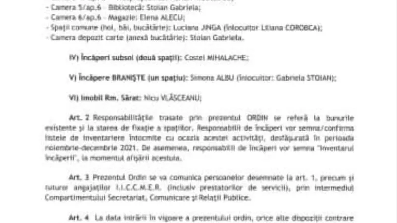 Fragment din ordinul prin are cercetătorilor li se comunică responsabilitatea unor încăperi din institut