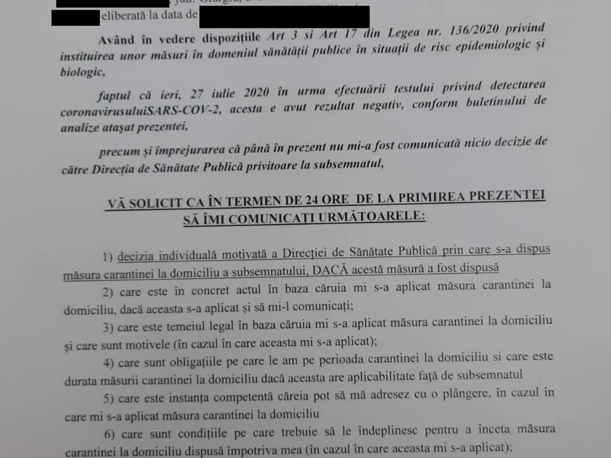 Cererea lui Marian Mina către DSP, în care cere instituției să-i spună cui trebuie să se adreseze pentru a contesta o eventuală punere în carantină. Document intrat în posesia Newsweek România