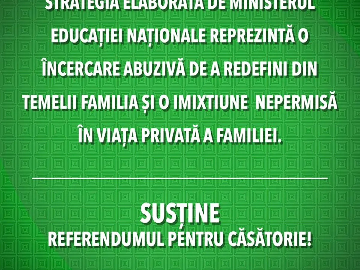 Unul dintre mesajele promovate pe Facebook de Coaliția pentru Familie despre Strategia de Educație Parentală. Sursa: Facebook Coaliția pentru Familie