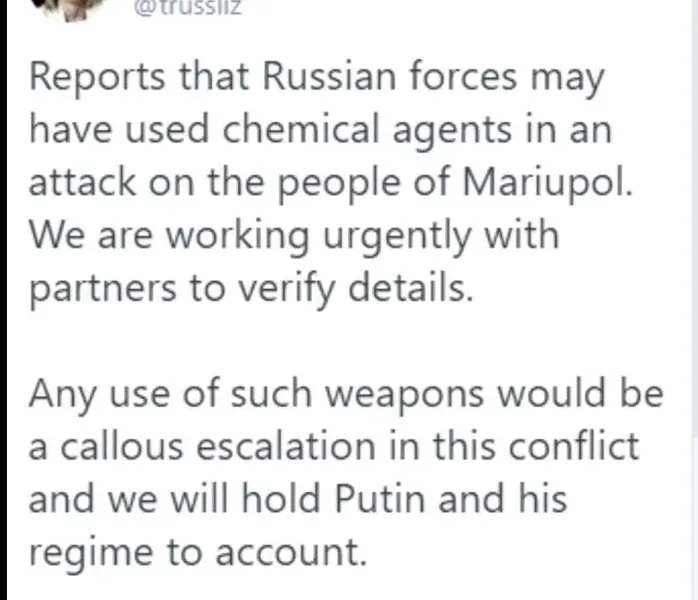 Ministrul de Externe, Liz Truss, a anunțat că există informații că rușii vor folosi arme chimice în Mariupol/foto: twitter