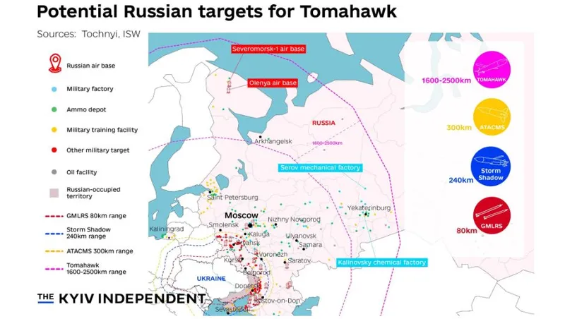 Posibile ținte în Rusia ale rachetelor Tomahawk - Foto: Kyiv Independent