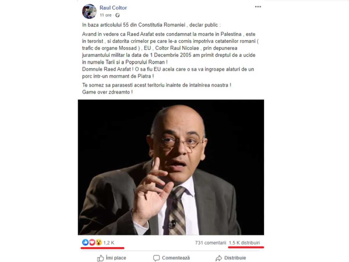 Amenințarea lui Raul Coltor și distribuirile utilizatorilor FB