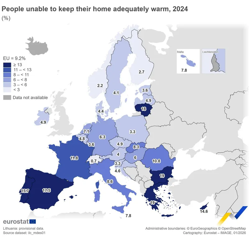 Procentul populatiei din tarile ue care nu isi permite sa isi incalzeasca corespunzator casa - Foto: Eurostat