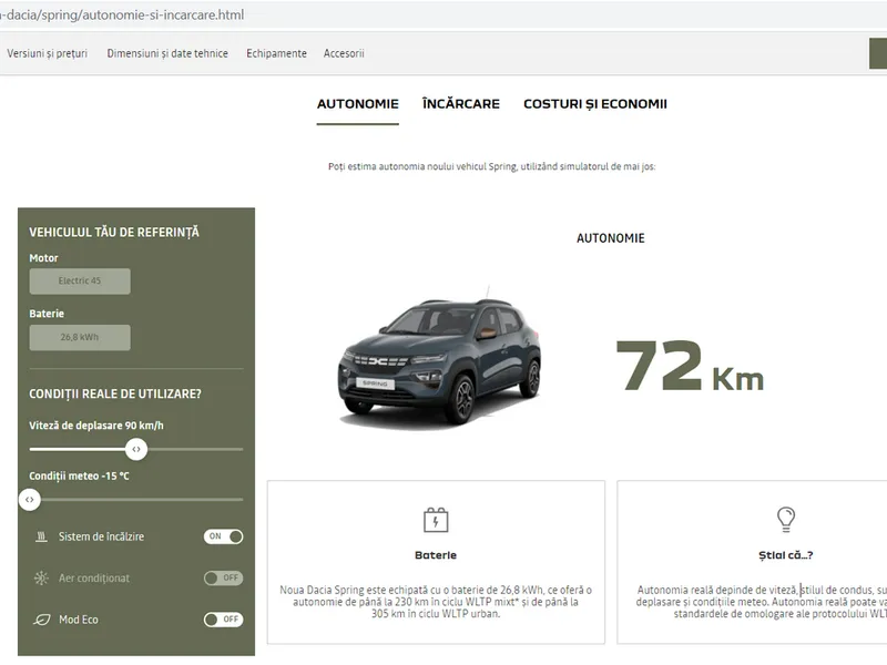 La -15 grade Celsius, autonomia estimată oficial a Daciei Spring este de 72 de kilometri, cu căldura pornită și 90 km/h. / Foto: captură ecran