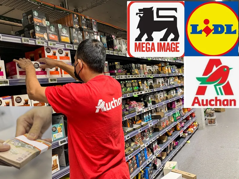 Angajat Auchan Colaj Profimedia Images/Facebook. Auchan/Mega Image/Lidl