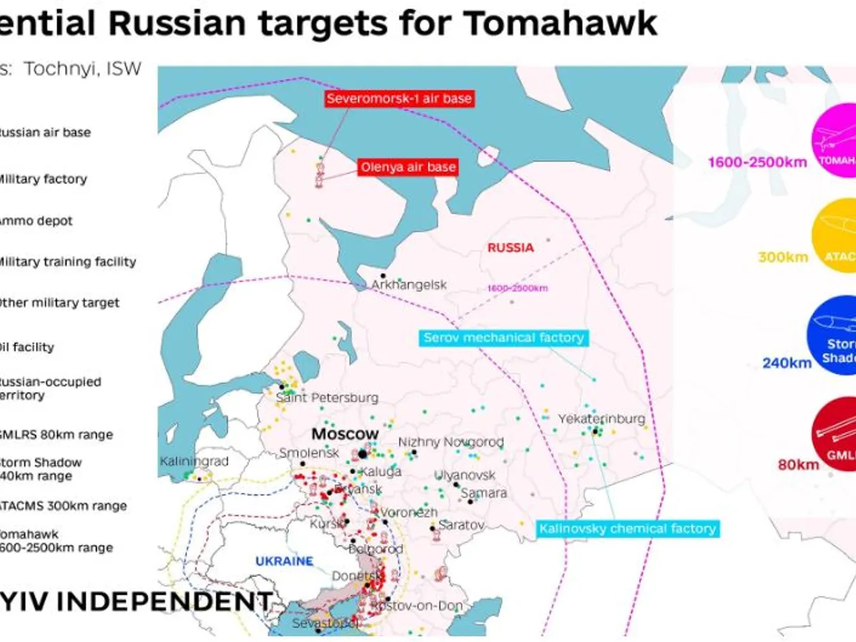 Posibile ținte în Rusia ale rachetelor Tomahawk - Foto: Kyiv Independent
