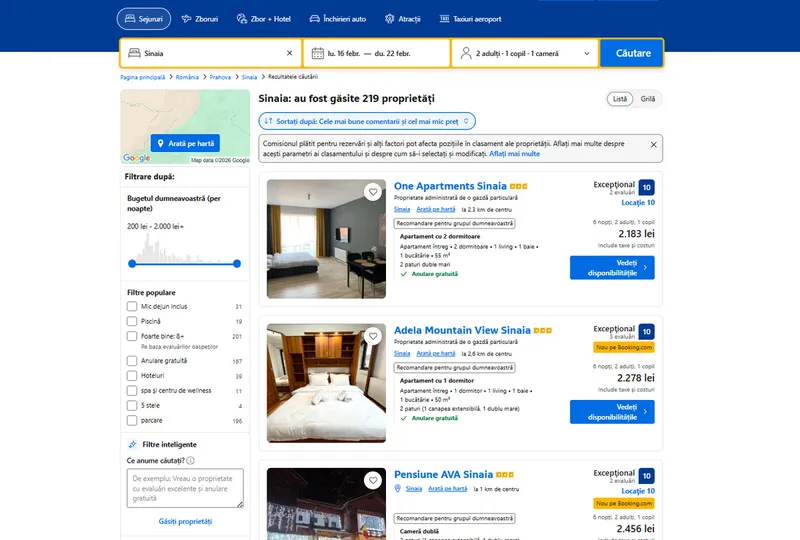 Tarife cazare Sinaia, februarie 2026 - Foto: captură ecran Booking