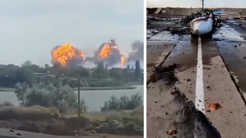 VIDEO Explozii puternice pe o bază aeriană din Crimeea. Câteva avioane SU-24 au ars complet/FOTO: Twitter/Colaj Newsweek