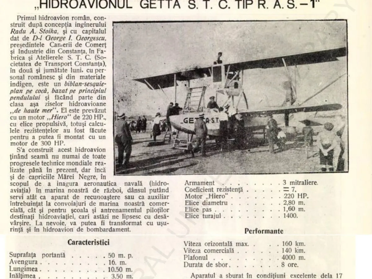 Primul hidroavion românesc a fost realizat în 1925, se numea GETTA S.T.C. tip R.A.S.-1 - Foto: Facebook
