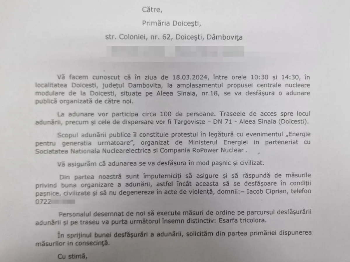 Solicitarea AUR pentru organizarea protestului Foto: NWR