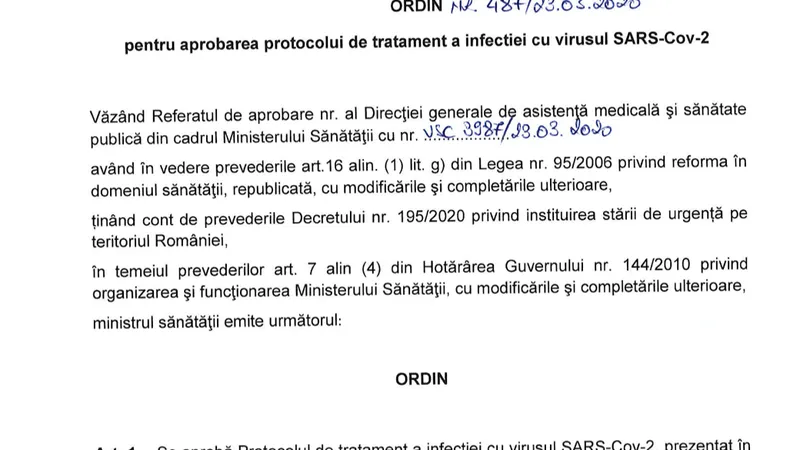 Ordinul MS care decide tratamentul anti-coronavirus/FOTO: Newsweek România