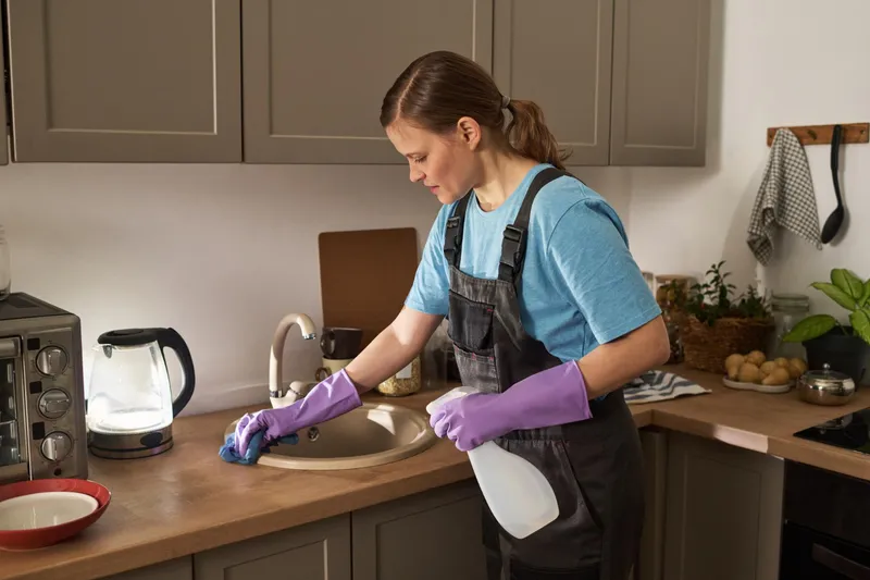 Femeie care șterge chiuveta - Foto: Freepik (Imagine cu rol ilustrativ)