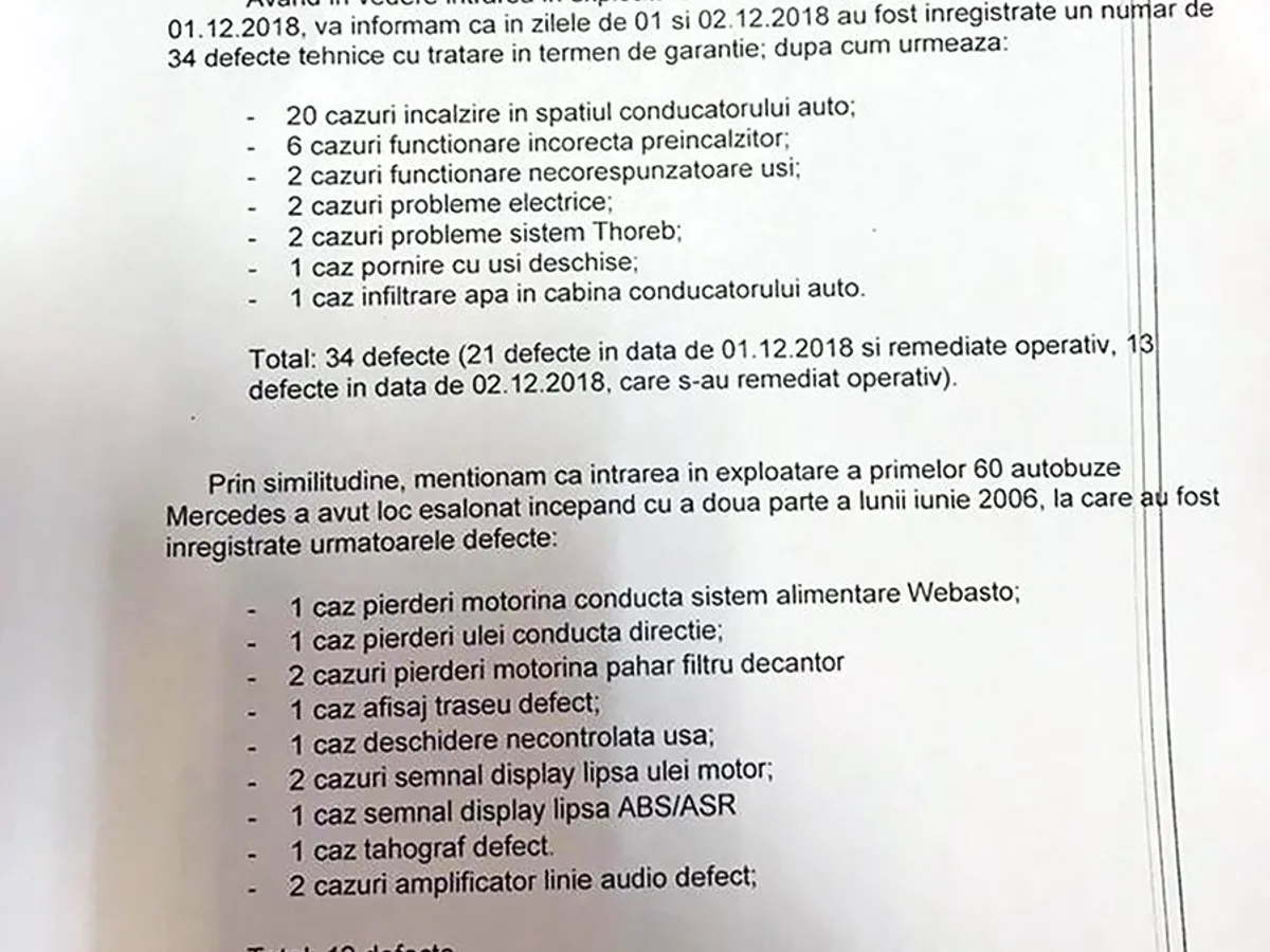 E SCRIS. Un fragment din raportul Societății de Transport București, în facsimil, compară Otokar-ele cu Mercedes-urile.