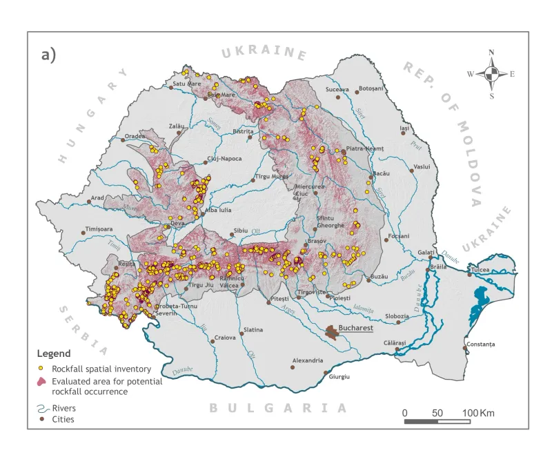 Rom&acirc;nia are o suprafață de aproximativ 1500 km&sup2; expusă riscului de căderi de roci, din care 97% este concentrată &icirc;n zona Carpaților - Foto: unibuc.ro