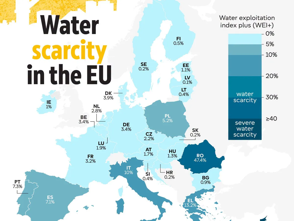 Harta accesului populației la apă curentă în Europa - Foto: Facebook / Parlamentul European