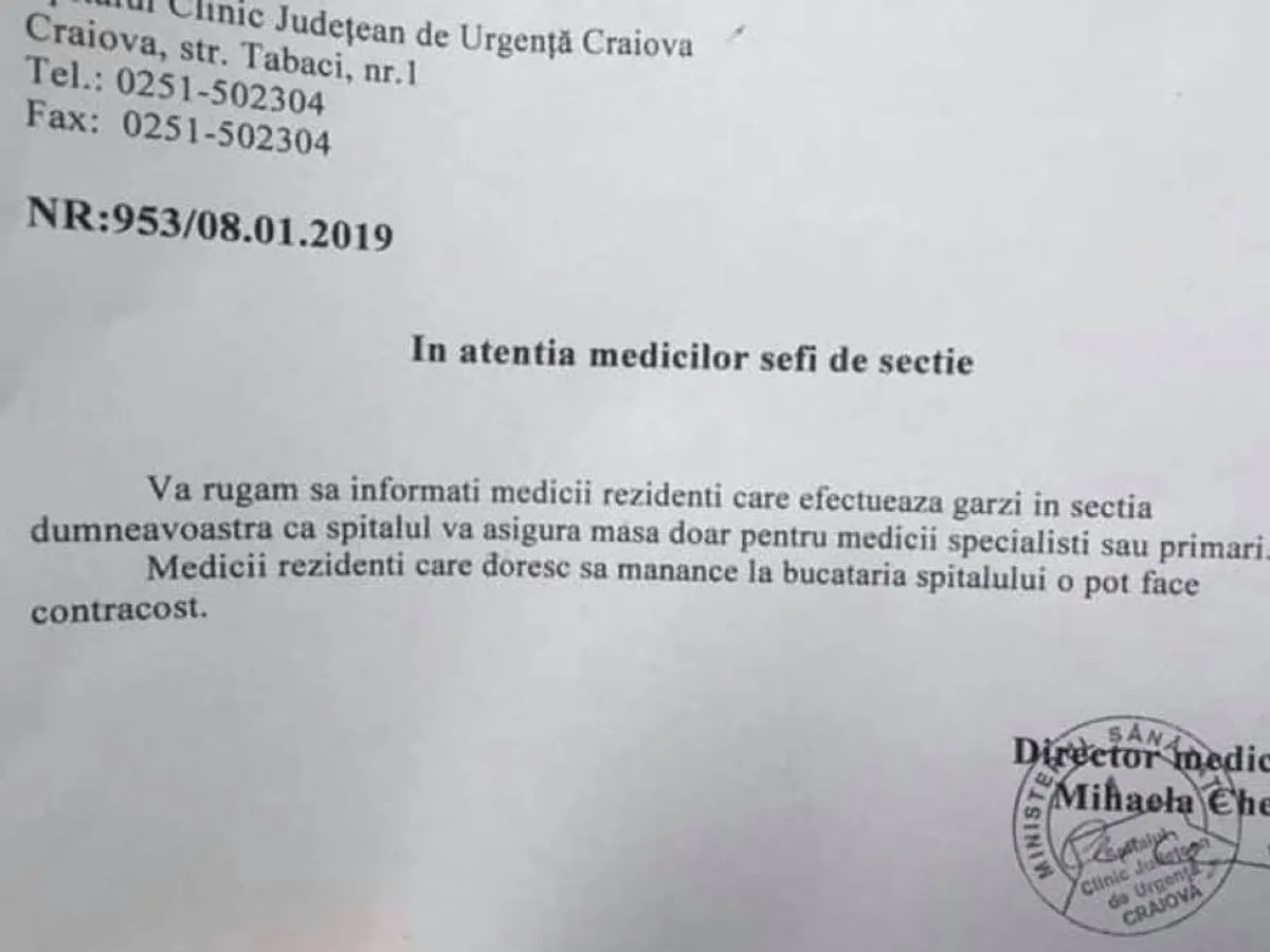 Anunțul postat în Spitalul Județean Craiova