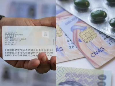 Montaj foto cu specimene de carte electronică de identitate şi card de sănătate, pe fundalul unor medicamente - Foto: INQUAM PHOTOS/Octav Ganea