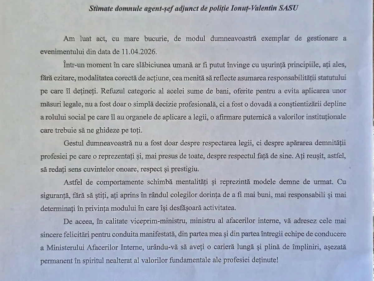 Mesaj de mulțumire - Foto: MAI