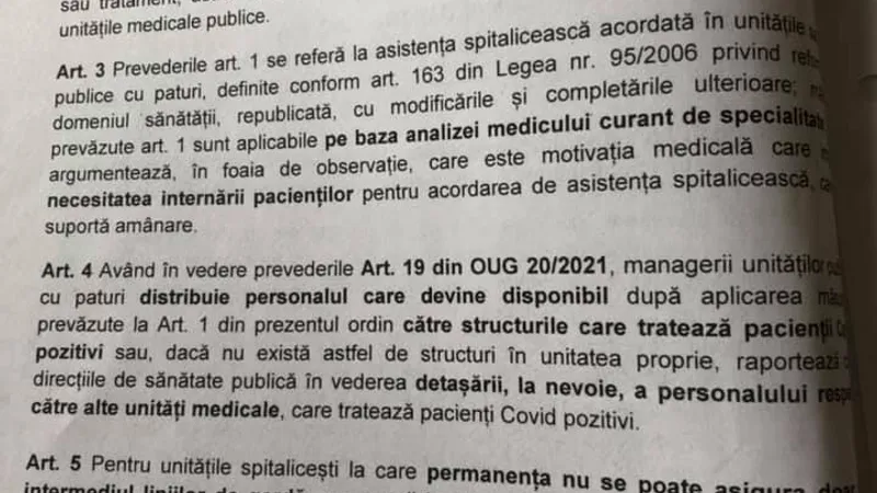 Ce conține Ordinul lui Raed Arafat prin care sunt suspendate operațiile și internările în spitalele de stat, ordin care nu a fost făcut public nicăieri