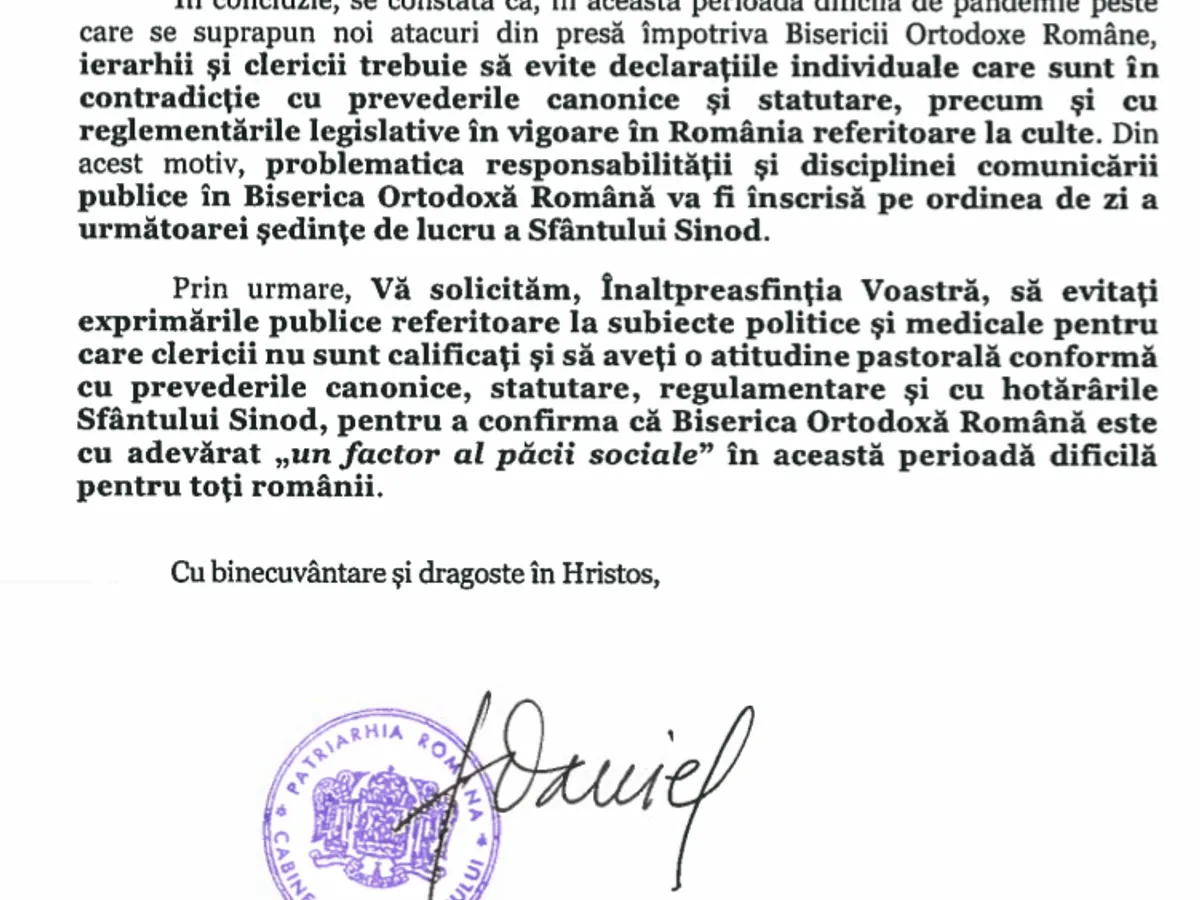 Scrisoare patriarh Daniel