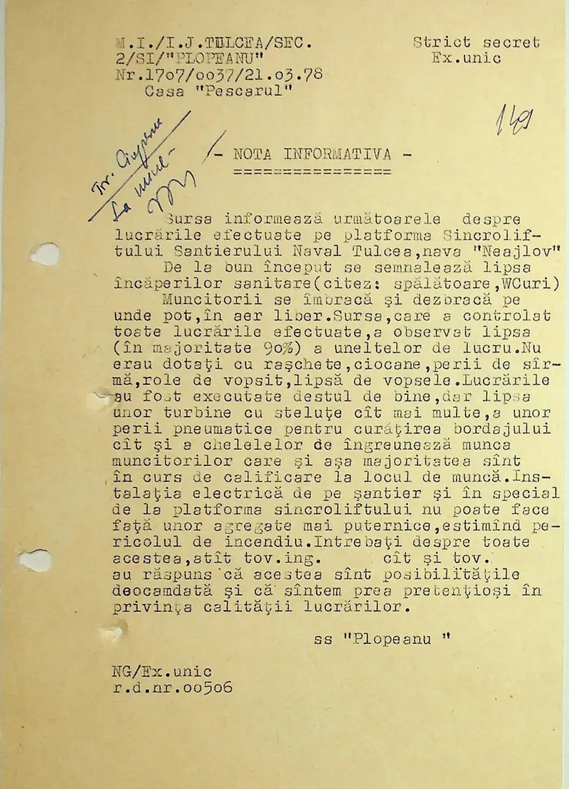 Cum era la Șantierul Naval Tulcea &icirc;n `70-`80? Spune Securitatea: Lipsă materiale și WC, alcool, dezorganizare - Foto: Facebook / CNSAS
