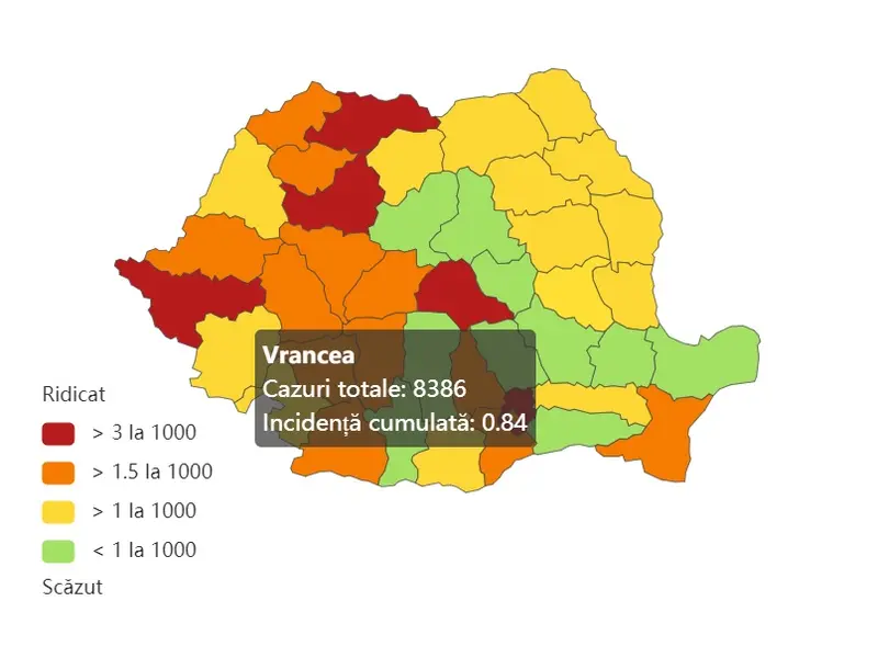 Harta ratei de infectare. Vrancea, cu 5 teste COVID pe zi, e în zona verde. Sursa imagine: datelazi.ro