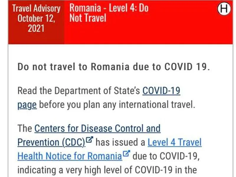 Alertă de călătorie „Level 4” în SUA: Nu călătoriți în România din cauza COVID-19. / Foto: travel.state.gov