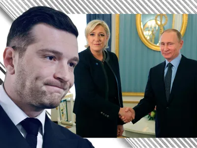 Jordan Bardella, Marine Le Pen și Vladimir Putin - Foto: Profimedia images