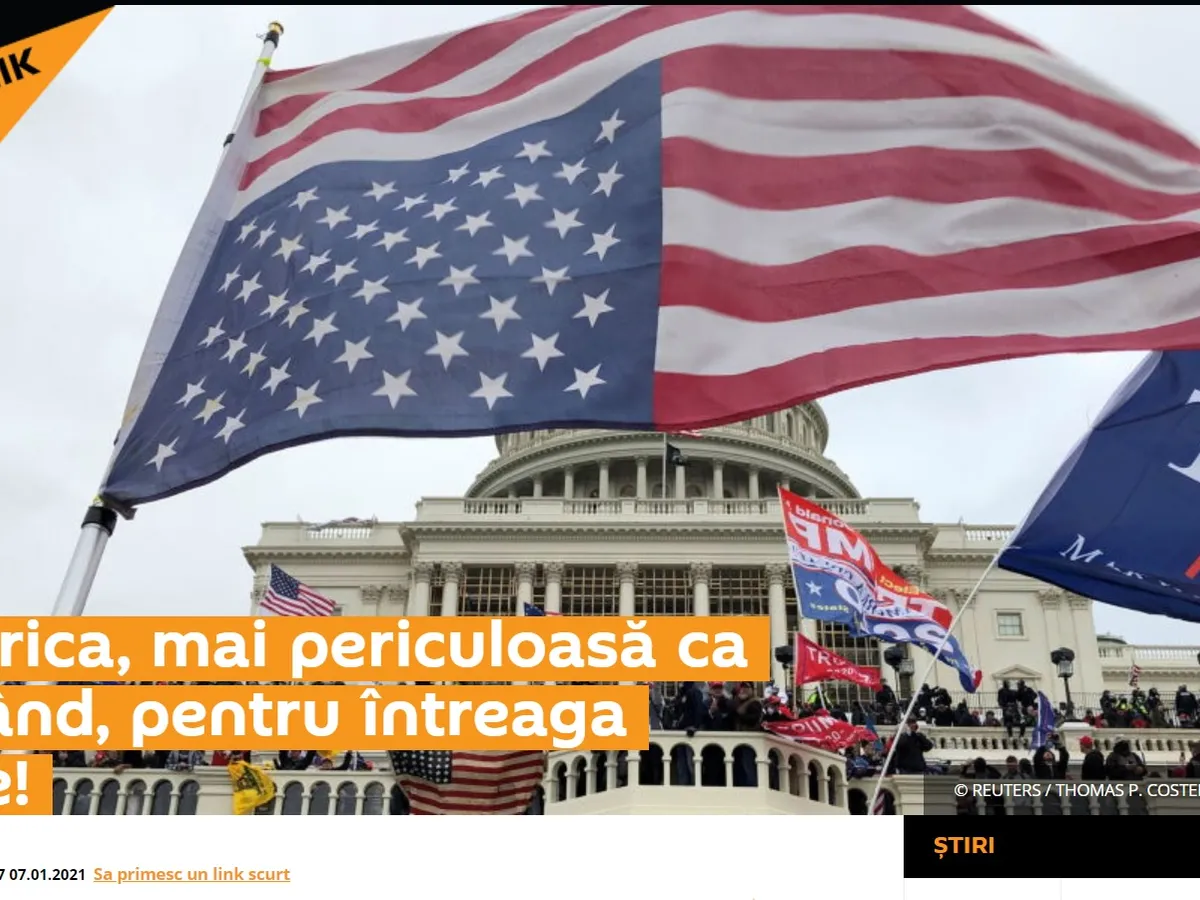 Nici organul de propagandă al Moscovei nu putea să nu speculeze protestele violente ale trumpiștilor ca să susțină că America nu e sigură. Sursa: Sputnik