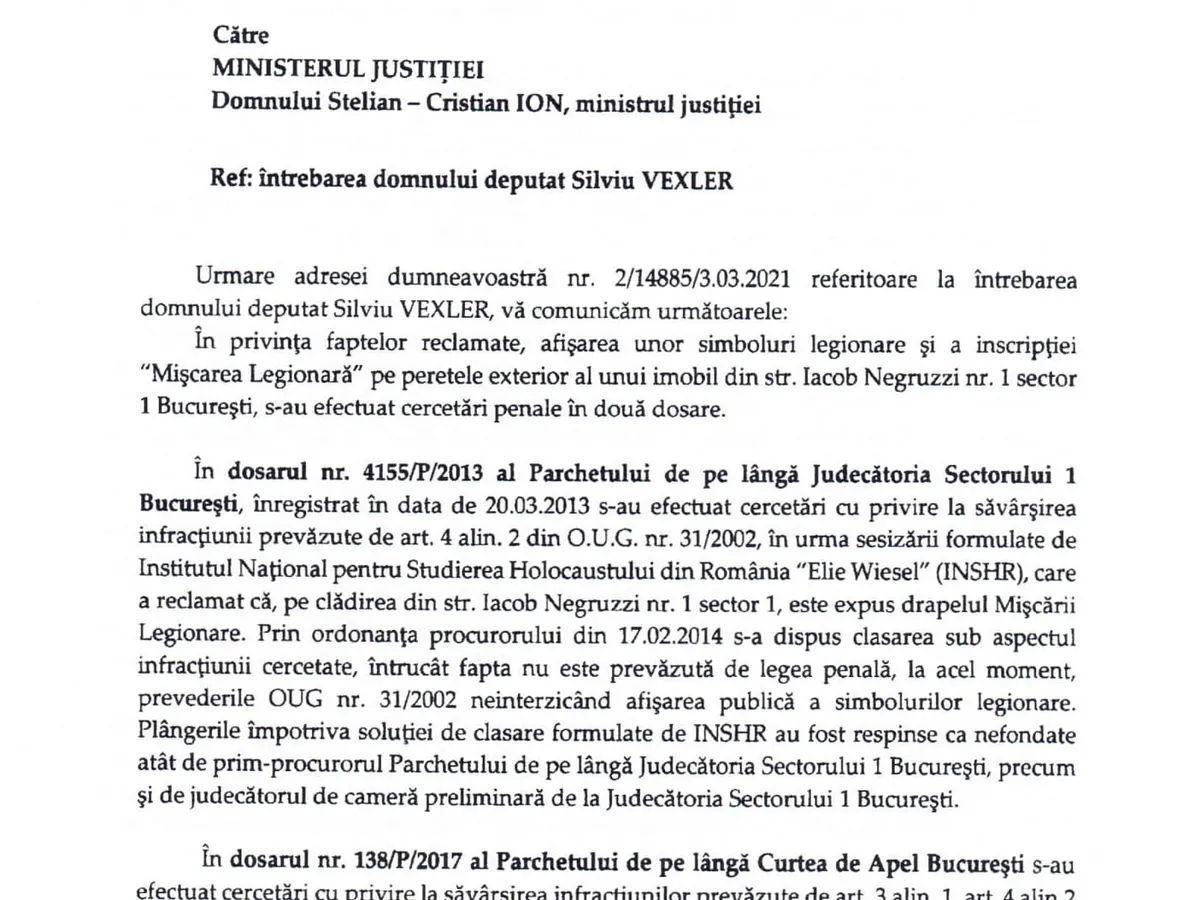 Răspunsul primit de Silviu Vexler de la Parchetul General. Sursă: Facebook