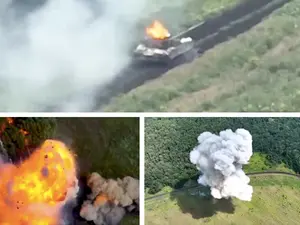 VIDEO Un tanc rusesc aflat în mișcare a primit o lovitură devastatoare.A explodat ca o bombă atomică/FOTO: Colaj Newsweek/Twitter