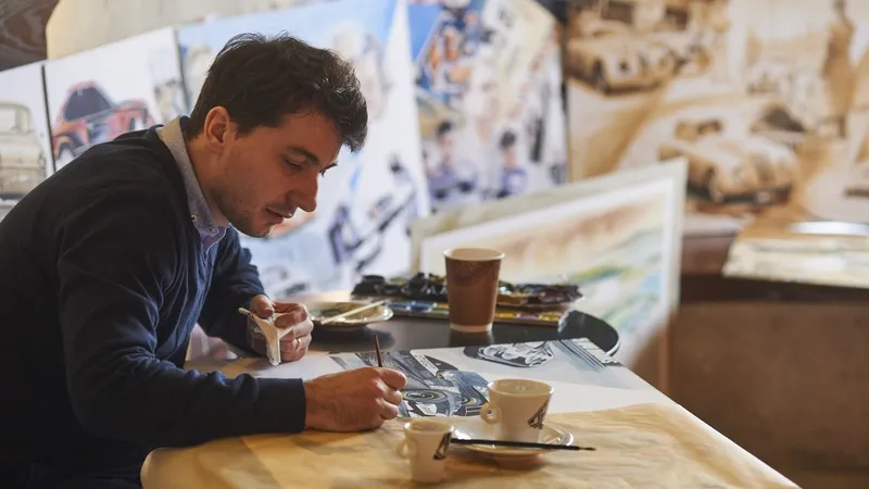 Artistul Adrian Mitu lucrează la „Blue Hero”. / Foto: Radu Chindriș