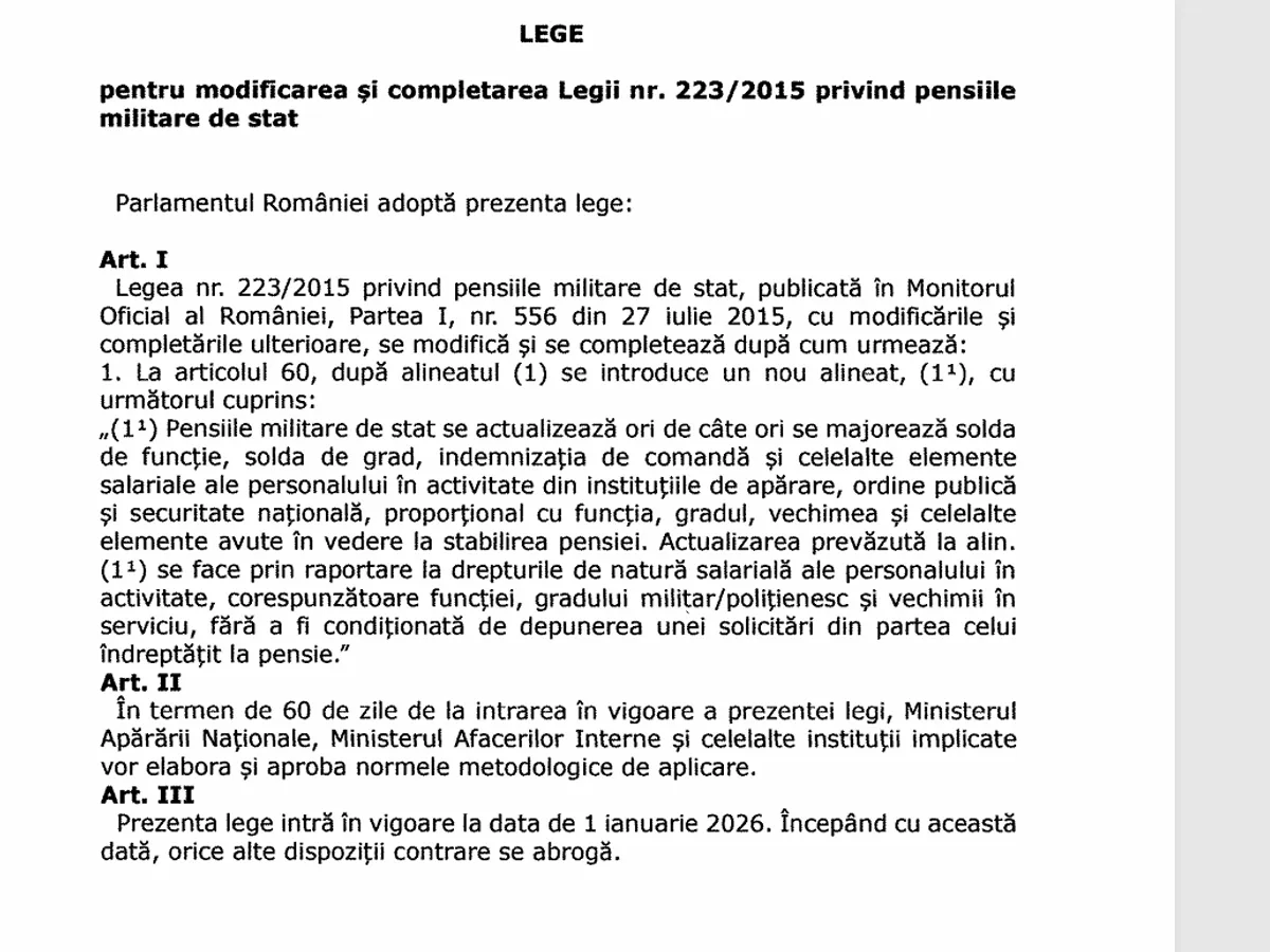 Proiect de lege carear crește pensiile militare - Foto: Cdep