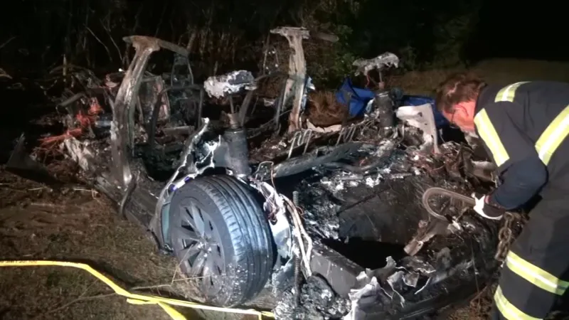 O Tesla a ieșit de pe șosea, s-a oprit într-un copac și a luat foc. / Foto: abc7.com
