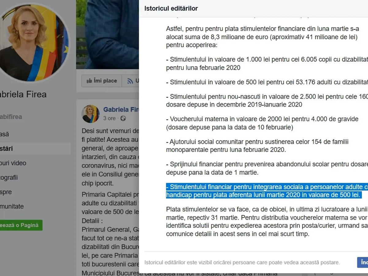 Postarea Gabrielei Firea editată