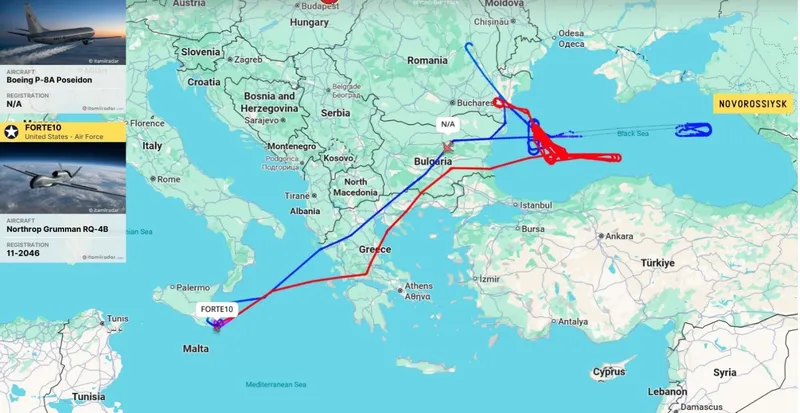 Două avioane de recunoaștere ale SUA deasupra Mării Negre - Foto: ItaMilRadar