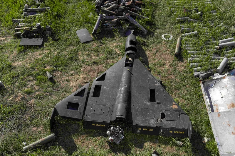 O dronă Shahed rusească la cimitirul de muniții ce servește drept depozit pentru dovezile crimelor de război ale Rusiei - Foto: Profimedia Images