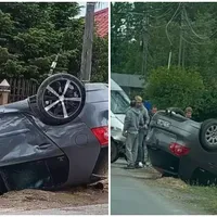 O mamă și bebelușul ei au ajuns la urgențe după ce mașina în care se aflau s-a răsturnat - Foto: ISU