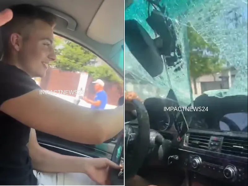 Un viitor polițist, filmat conducând cu parbrizul spart și cântând manele după ce lovise un pieton Foto: captură Impact News 24