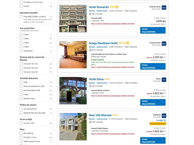 Hotelierii de pe Litoral au „înghețat” prețurile. Nu au turiști, gradul de ocupare e sub 70% - Foto: captură ecran booking.com