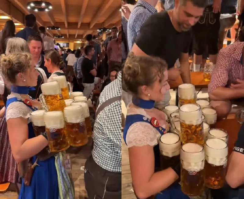 Chelnerița cară multe halbe cu bere - Foto: captură Instagram
