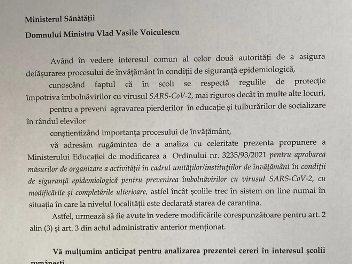 Adresa prin care Cîmpeanu i-a cerut lui Voiculescu modificarea ordinului privind funcționarea școlilor. Sursă: Hotnews