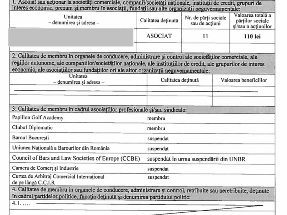 Declarația de interese a lui Cătălin Predoiu, publicată pe site-ul Guvernului