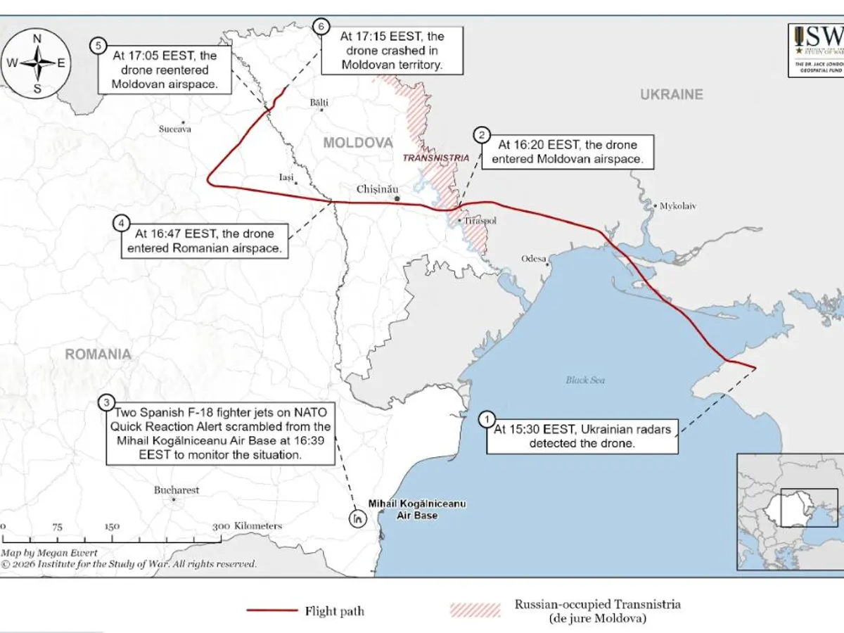 Traseul dronei rusesti prin Moldova și România - Foto: ISW