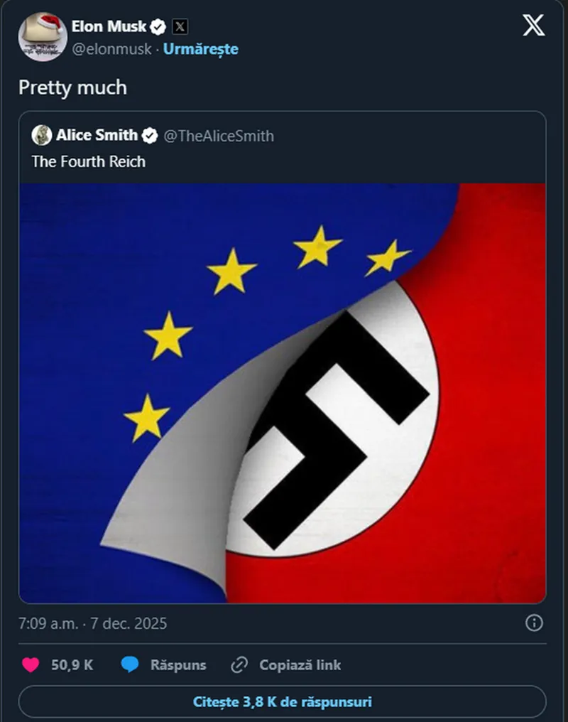 UE este descrisă drept „al patrulea Reich” - Foto: X / Elon Musk