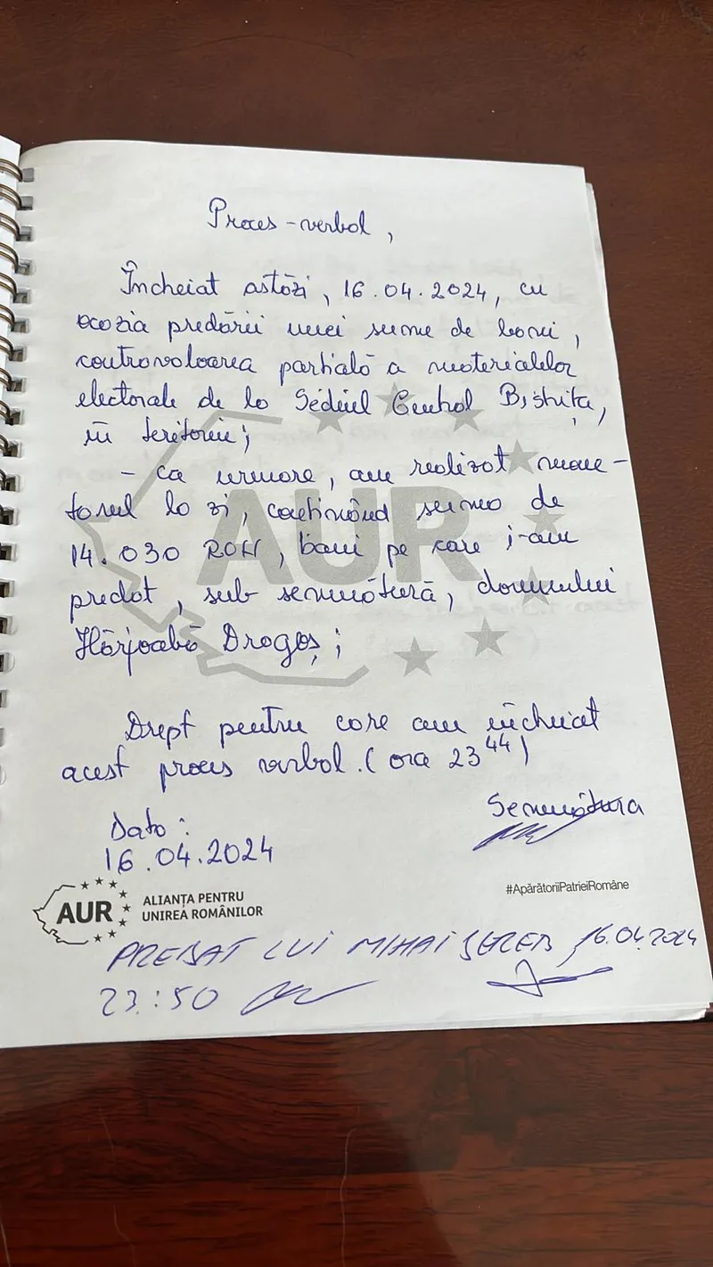 Proces verbal semnat de Make, mâna dreaptă a lui Simion, prin care ia bani la sacoșă.