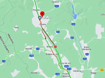 Ambuteiaj pe DN 1. Se circulă deja foarte greu între Nistoreşti - Breaza şi Comarnic - Foto: Google Maps