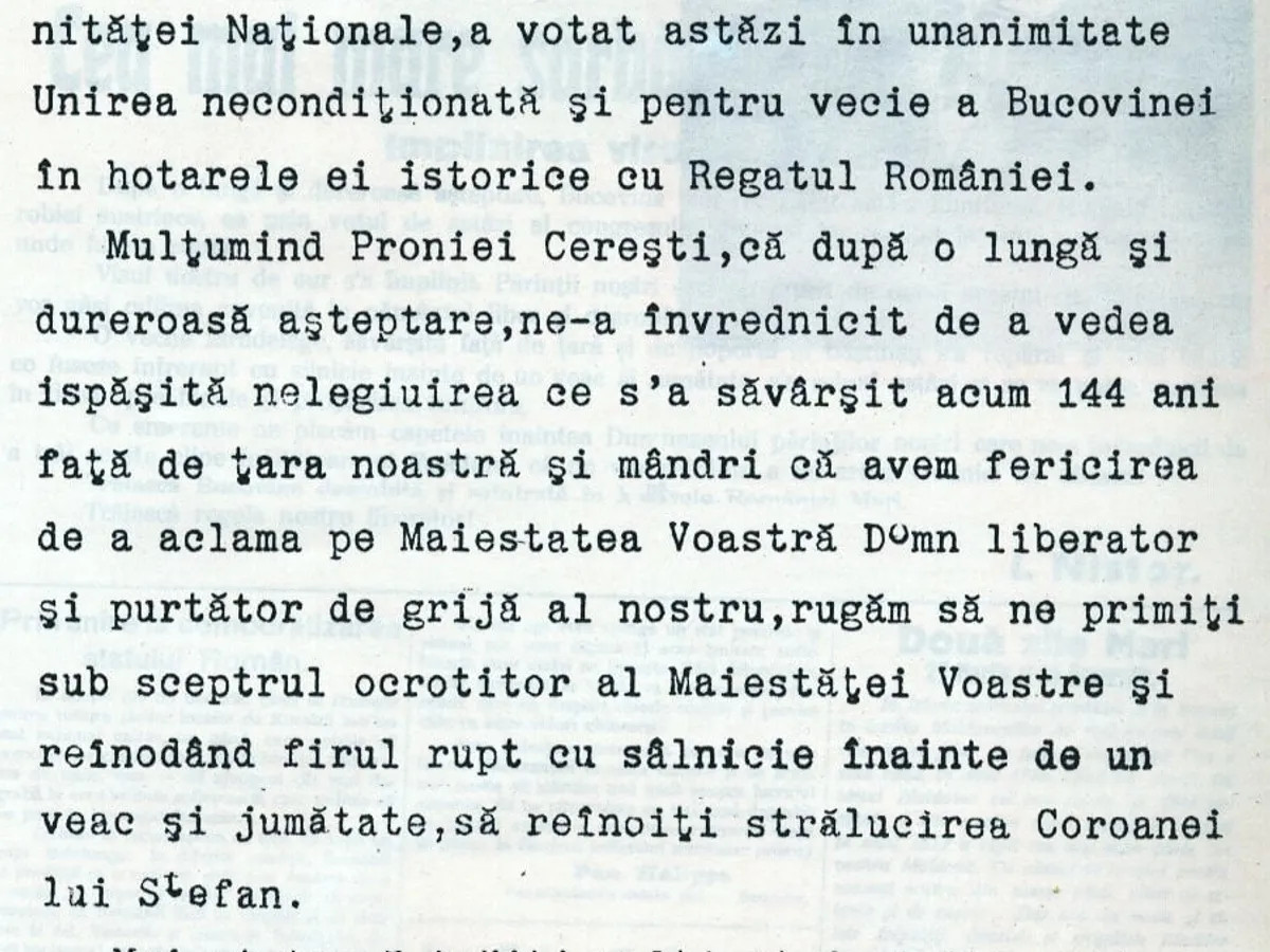 Unirea Bucovinei cu Regatul, în 15/28 noiembrie 1918. Sursa: Arhivele Diplomatice ale MAE