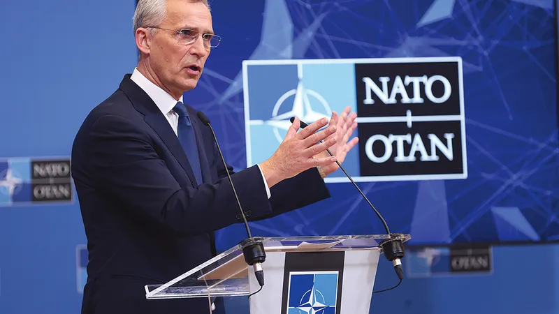 Secretarul general al NATO, Jens Stoltenberg, după întâlnirea miniștrilor de Externe din țările aliate, care a avut loc pe 6 aprilie, la Bruxelles - Foto: Getty Images