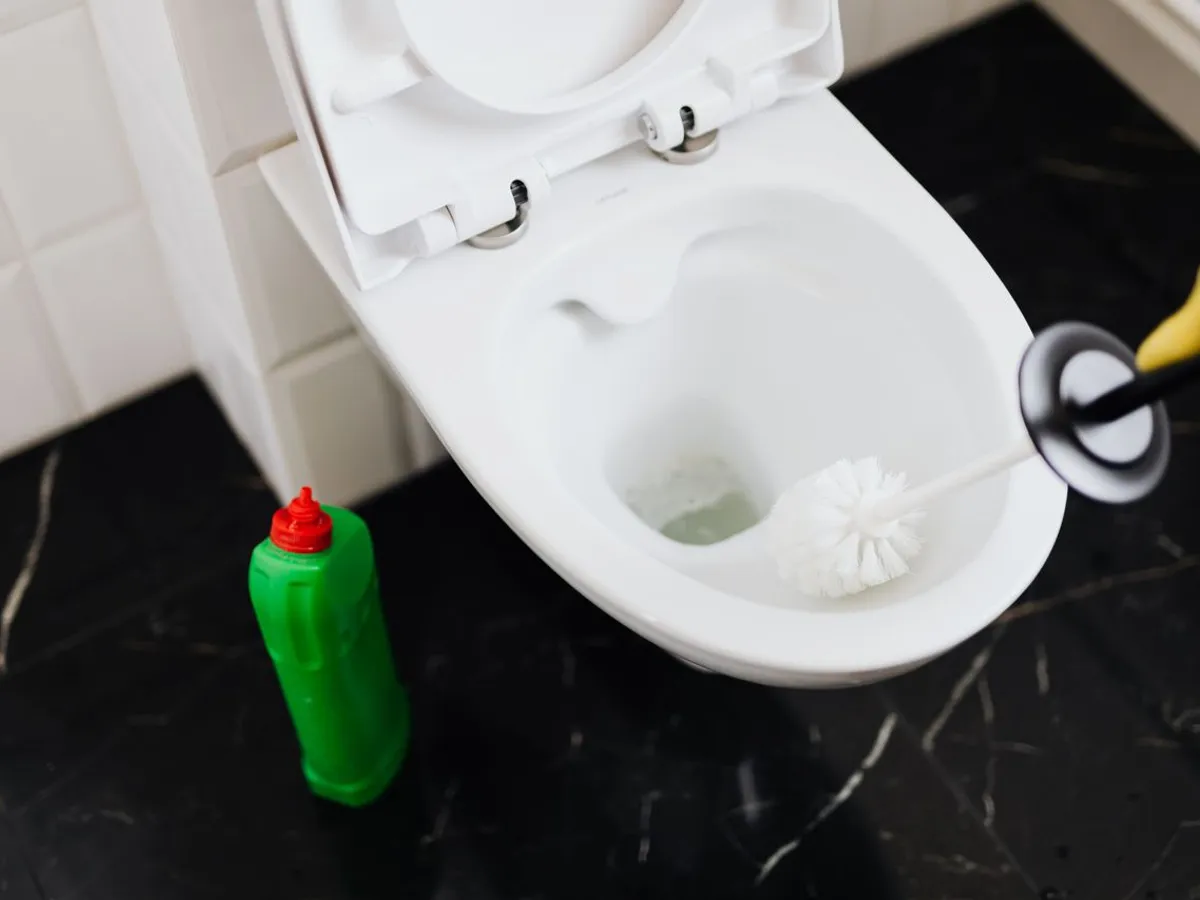 Prim-plan al unei persoane care curăță toaleta cu o perie și detergent - Foto: Pexels (Imagine cu rol ilustrativ)